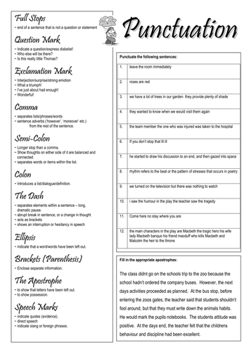 PUNCTUATION Worksheet by Smudge78 - Teaching Resources - TES