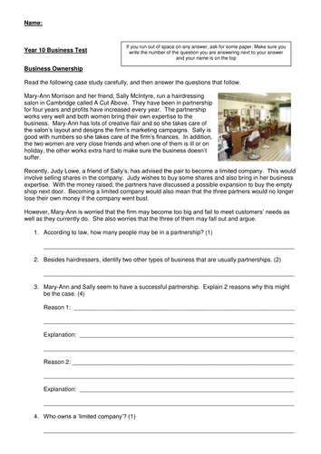 worksheet for ownership and aims and objectives teaching resources