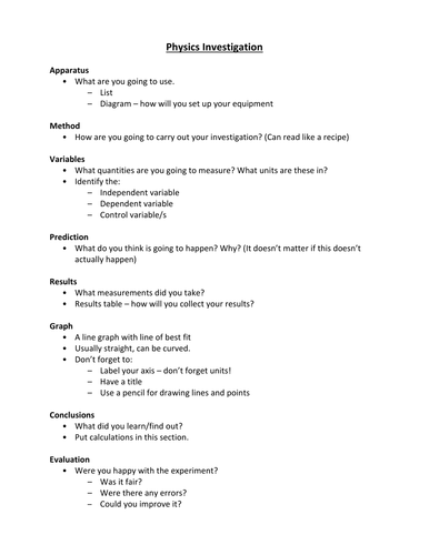 Physics investigation guidlines HT | Teaching Resources