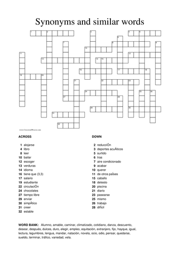 Spanish synonyms & similar words crossword | Teaching Resources