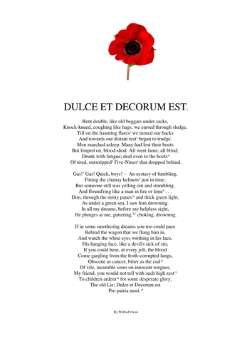 Link 'Dulce et Decorum Est' to 'Private Peaceful' | Teaching Resources