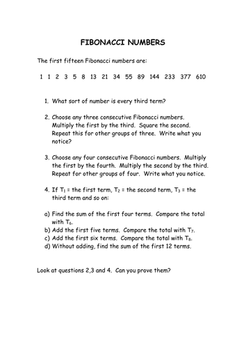 Fibonacci Worksheet Grade 7
