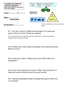 Speed and Force, mass and accleration worksheets | Teaching Resources