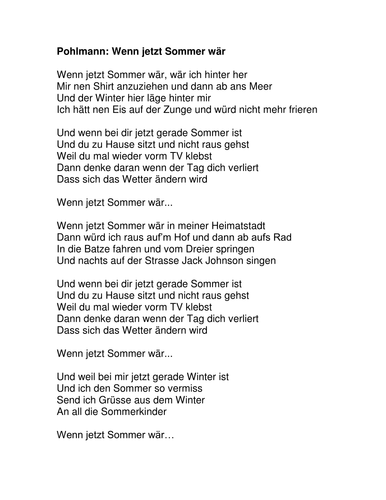 Pohlmann Wenn jetzt Sommer war Teaching Resources