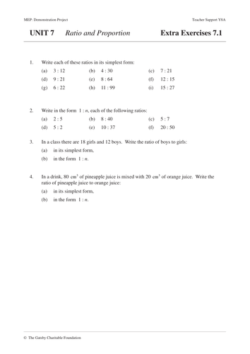 ks3 ratio and proportion mep year 8 unit 7 teaching resources