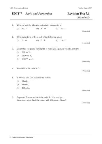 ks3 ratio and proportion mep year 8 unit 7 teaching resources