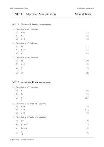 Algebraic Manipulation (MEP – Year 9 – Unit 11) by CIMT - Teaching