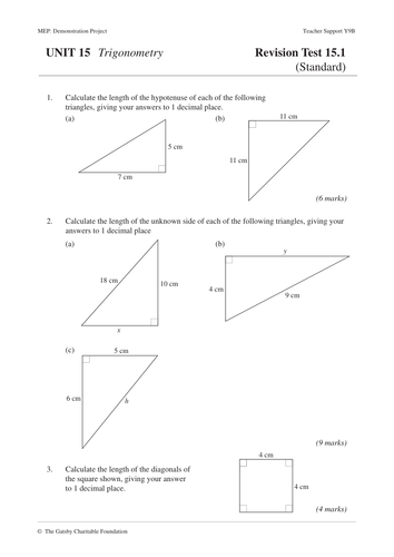trigonometry mep unit 15 year 9 worksheets teaching resources
