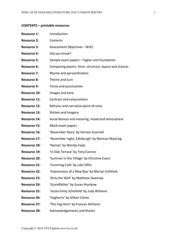 Wjec Gcse English Literature 2010 Unseen Poetry Teaching Resources