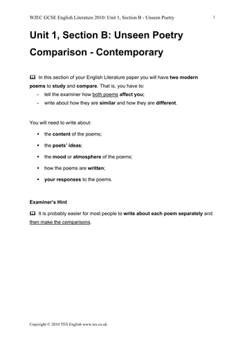 Wjec Gcse English Lit 2010 Unseen Poetry 5 Teaching Resources