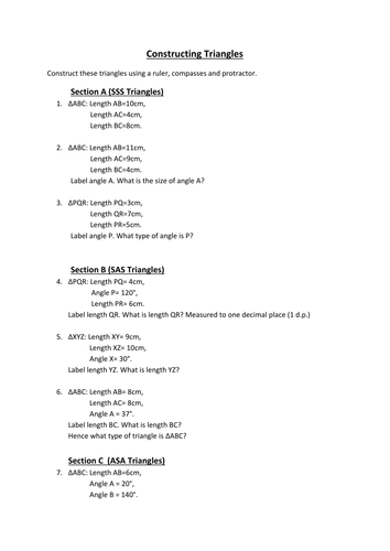 Constructing triangles worksheet | Teaching Resources