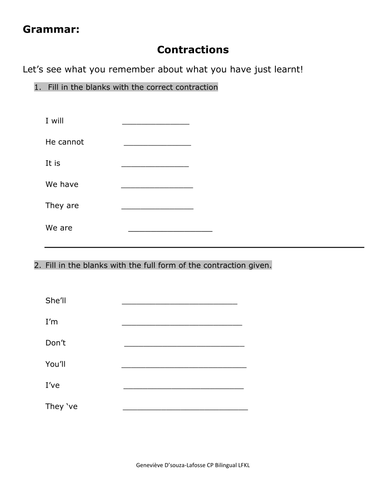 Contractions, words sentences and lines | Teaching Resources