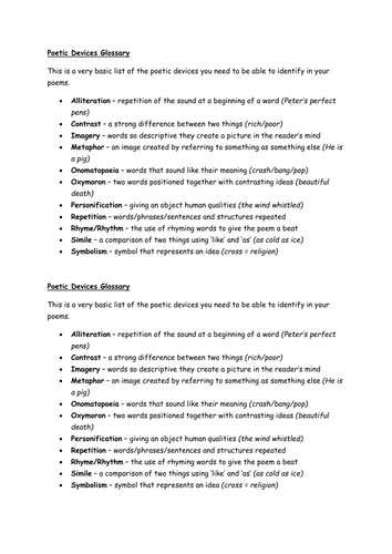 Printables Poetic Devices Worksheet poetic devices revision by biltonstilton teaching resources tes glossary doc
