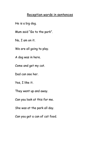 reading reception level words in sentences teaching