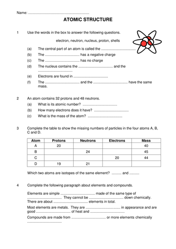 Atomic Structure Worksheet (F) by DRSLong - Teaching  