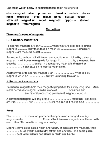 magnetism-cloze-teaching-resources