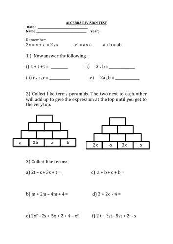 algebra revision test ks3 word document teaching