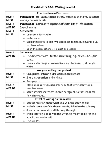 year 6 writing sats checklist for levels teaching resources