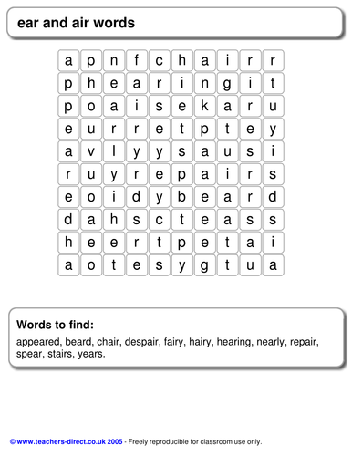 air words phonics worksheets 'ear' meeow99 by Teaching and with   Resources words Wordsearch 'air'