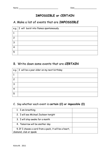 probability worksheets easy teaching resources