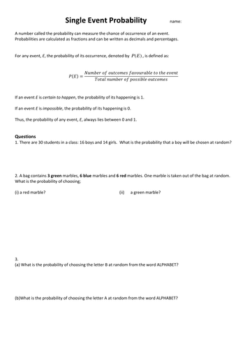 Probability Worksheet | Teaching Resources