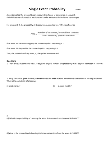 probability worksheet teaching resources