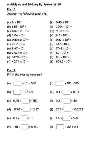 Multiplying And Dividing Decimals By Powers Of 10 Worksheets