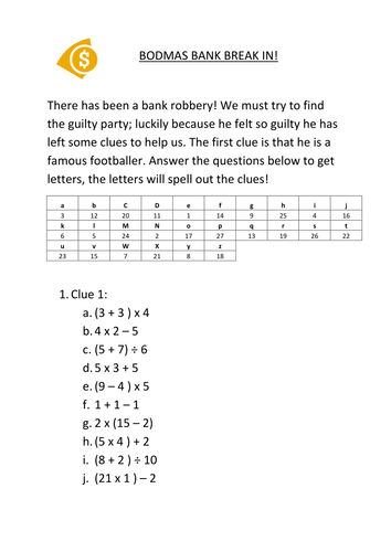 maths ks3 bodmas worksheet with clues teaching resources