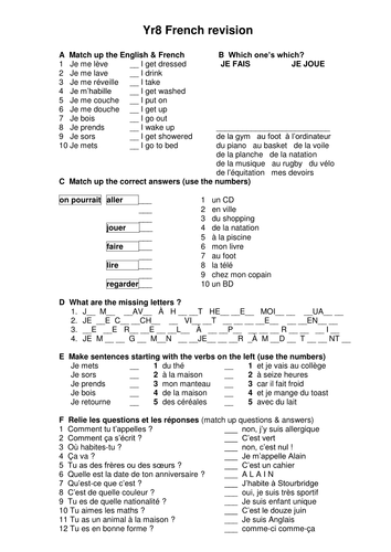 revision worksheet for yr8 french teaching resources