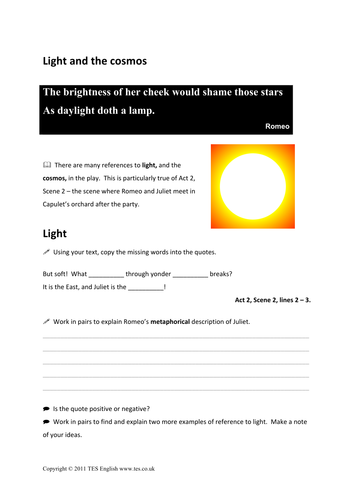 Romeo and Juliet: Images and Imagery Worksheet | Teaching Resources