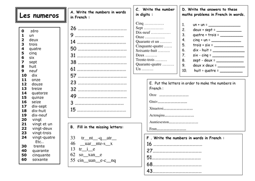 french numbers 1 60 cover work teaching resources