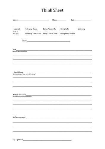 Think Sheet (behaviour reflection exercise) | Teaching Resources