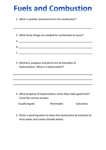 Combustion Very Simple Worksheet Teaching Resources
