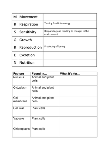 Life processes - MRS GREN and cells worksheet | Teaching Resources