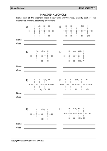 FREE Chemistry worksheet: Naming Alcohols