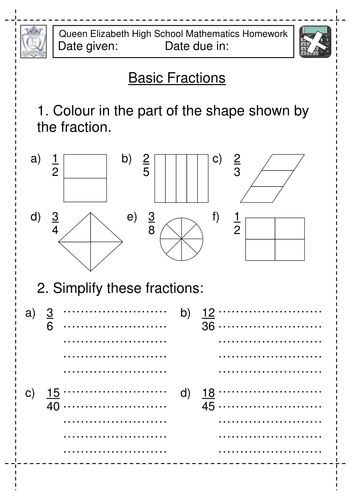 year 7 basic fractions worksheet teaching resources