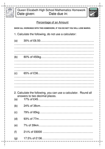 KS3 Maths Percentage of an Amount worksheet | Teaching Resources