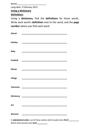 dictionary worksheet teaching resources