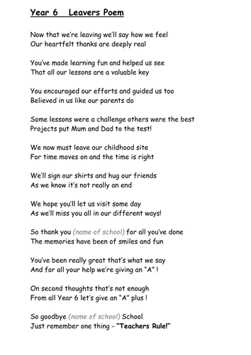 Year 6 Leavers Poem | Teaching Resources