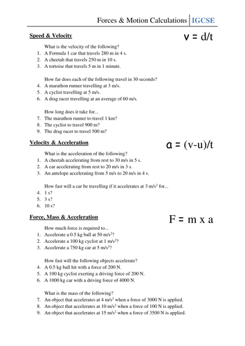 Worksheet - Forces & Motion Calculations | Teaching Resources