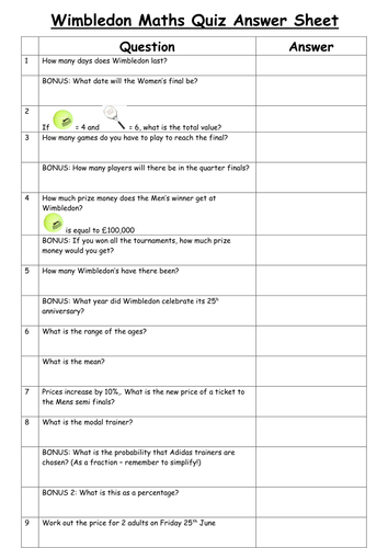 KS3 Revision Maths Quiz: Wimbledon | Teaching Resources