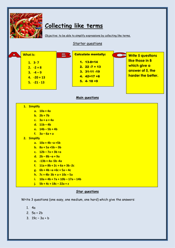 KS3 Maths- Algebra:Collecting like terms worksheet | Teaching Resources