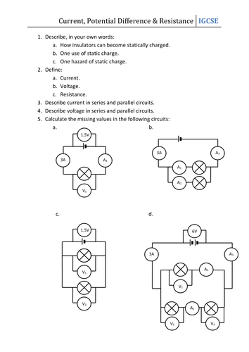 Worksheet - Current, pd, & Resistance | Teaching Resources