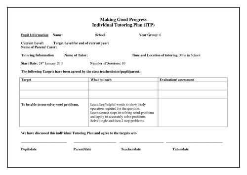  Template  for 1  1  tutoring Teaching Resources