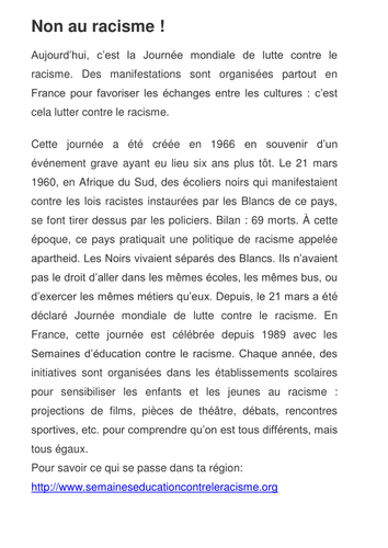 Article  Non au Racisme!  Teaching Resources