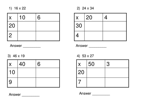 long multiplication box method worksheet teaching resources