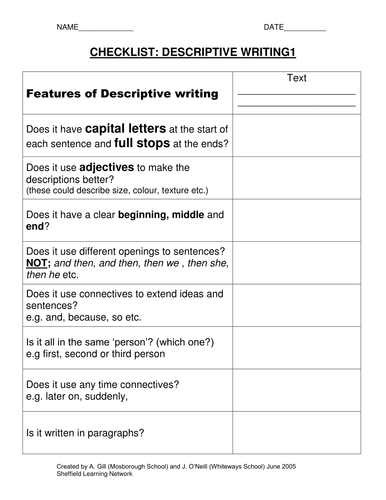 descriptive writing checklist