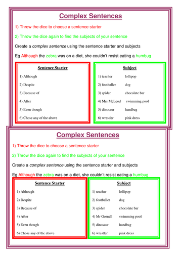 Complex Sentence Game Teaching Resources