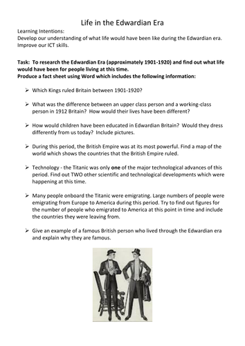 Edwardian Era task | Teaching Resources