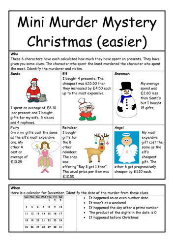 Murder mystery for Christmas worksheet | Teaching Resources